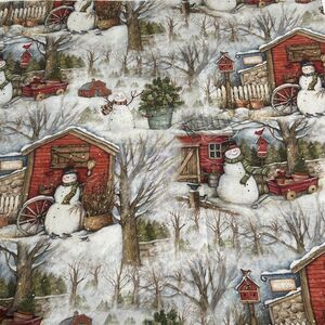 Susan Winget Holiday Barn Snowman Cardinal Red Country Quilting Fabric 1 Yd